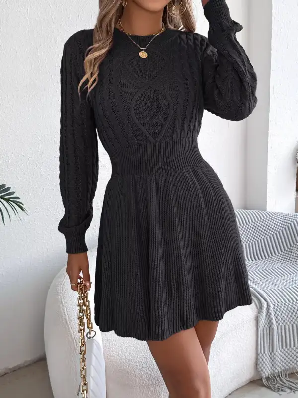 Gathered Detail Knit Long Sleeve Sweater Dress