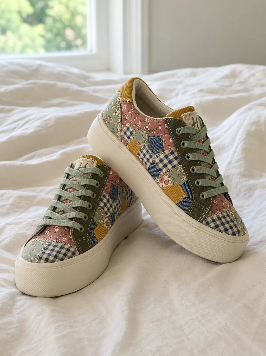 Women's Refined Vintage Floral Gingham Patchwork Patterned Canvas Shoes