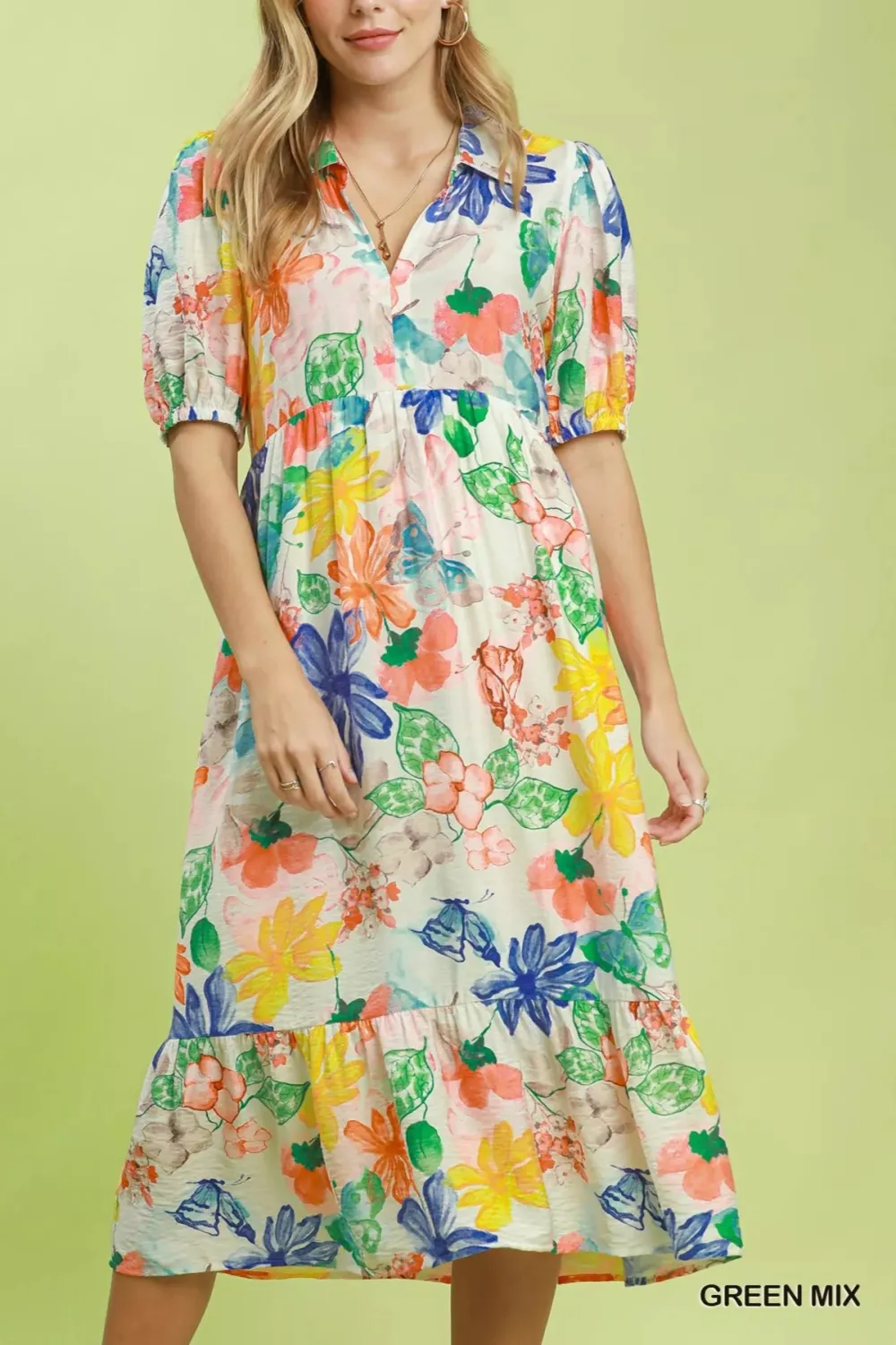 Floral Print V-Neck Puff Sleeve Tiered Midi Dress