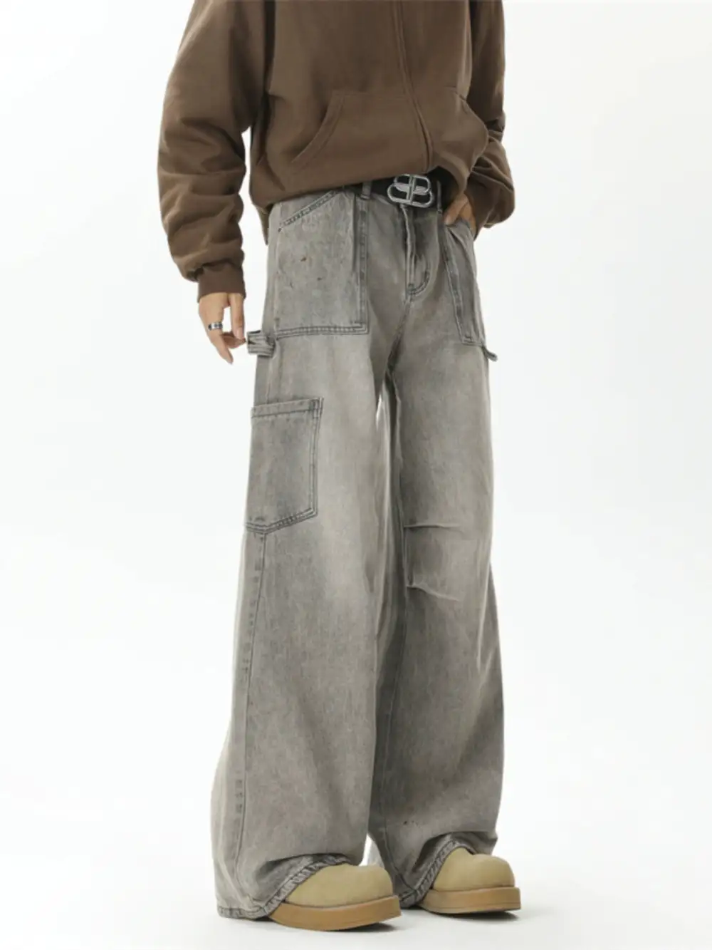 Wide-Leg Washed Cargo Pants
