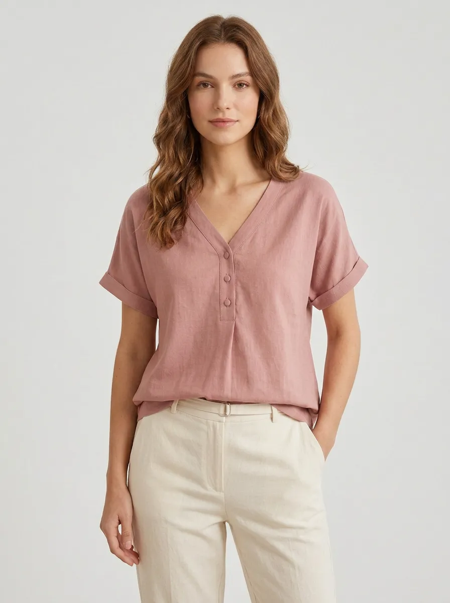 Short-Sleeve Button-Front Women's V-Neck Shirt