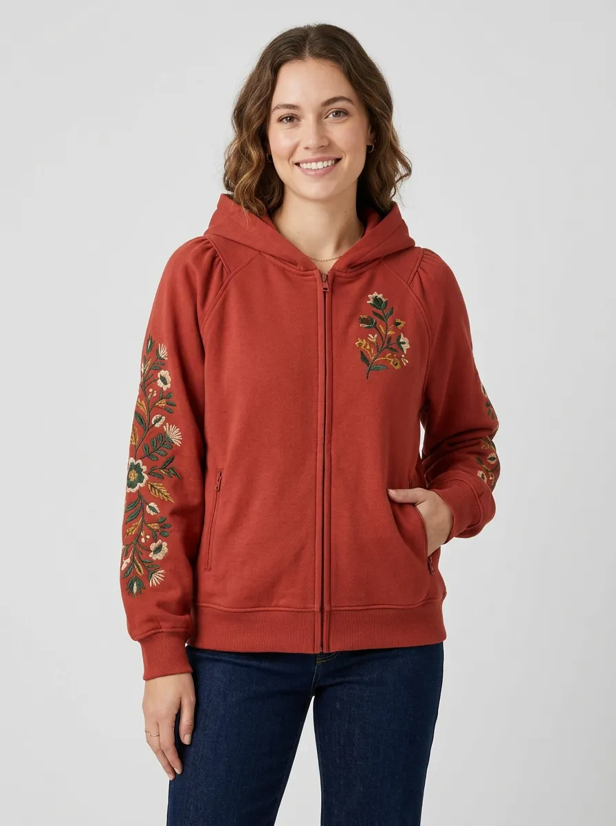 Women's Floral Embroidered Zip Front Nature Inspired Soft Style Hoodie