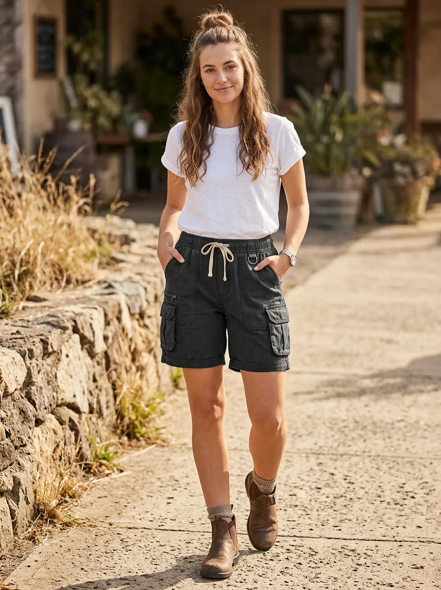 Women's Casual Outdoor Elastic Waist Multi-Pocket Cargo Shorts