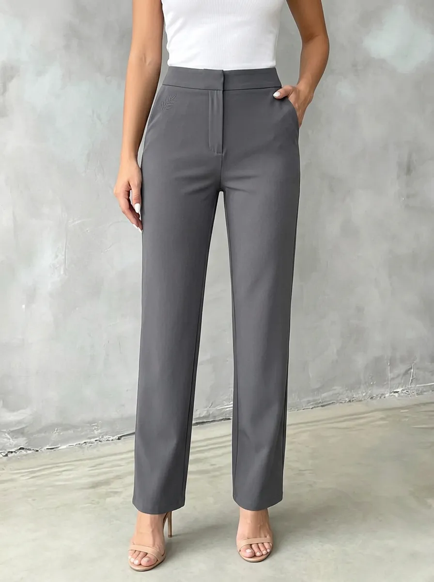 Women's Refined Comfort Leaf Embroidered Mid Rise Straight Leg Pants