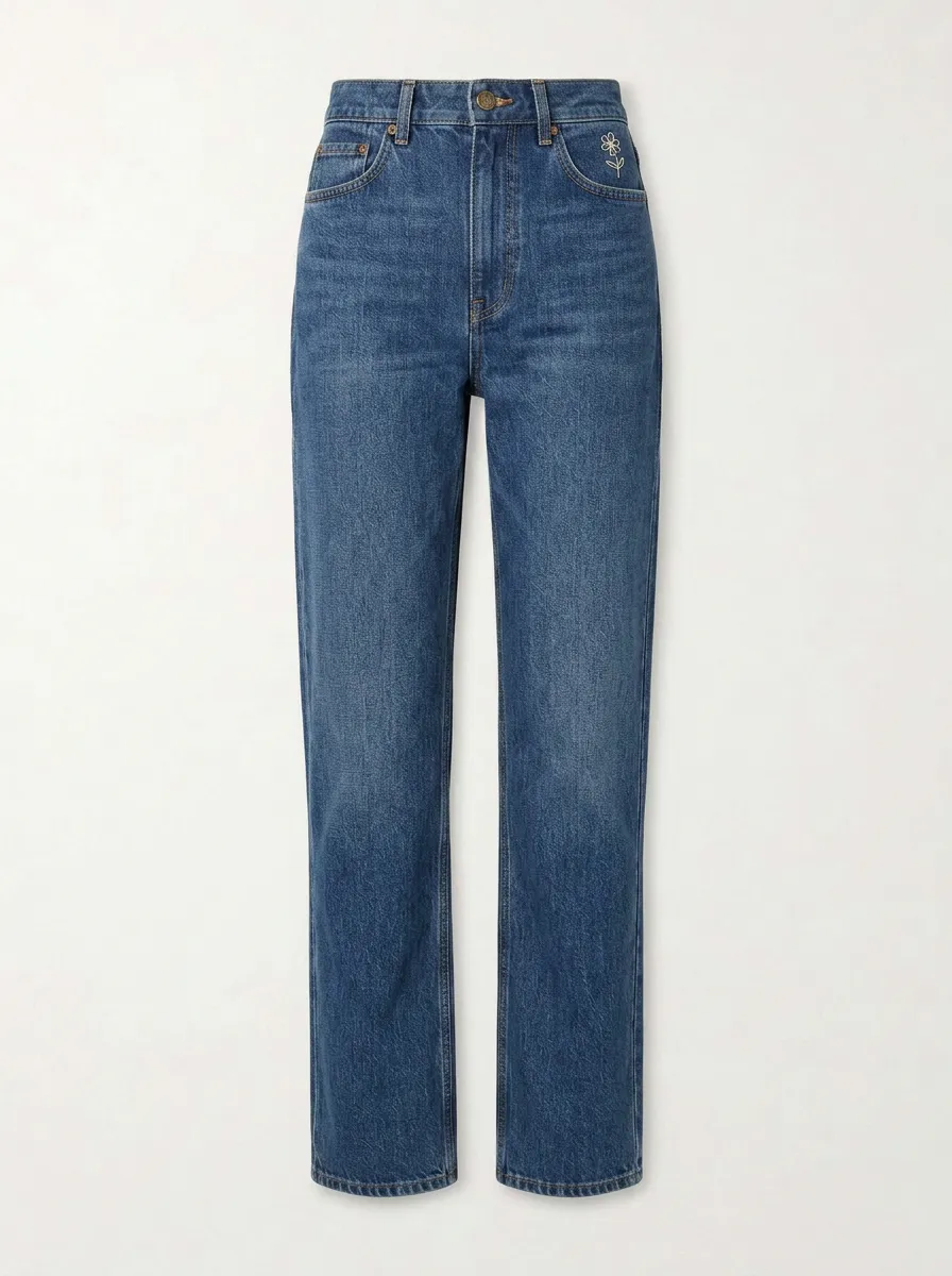 Women's Floral Lover Small Flower Embroidered Mid-Rise Straight Leg Jeans