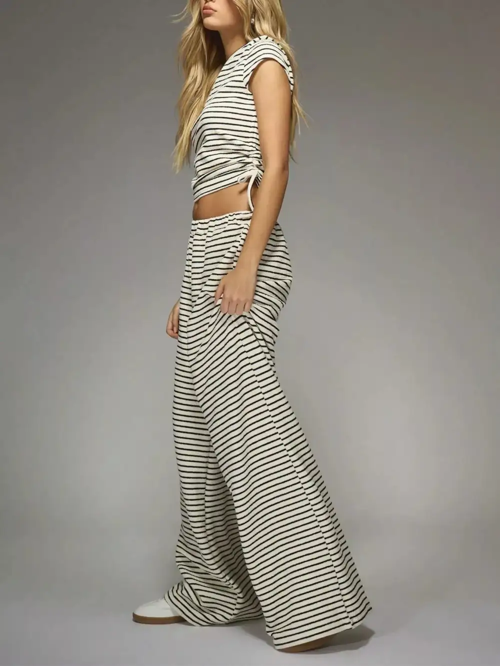 Striped Crop Top and Wide Leg Pants Set