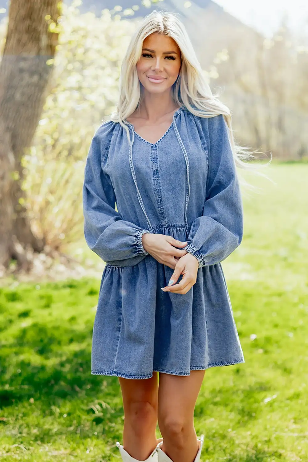 Denim V Neck Ruffle Mini Dress