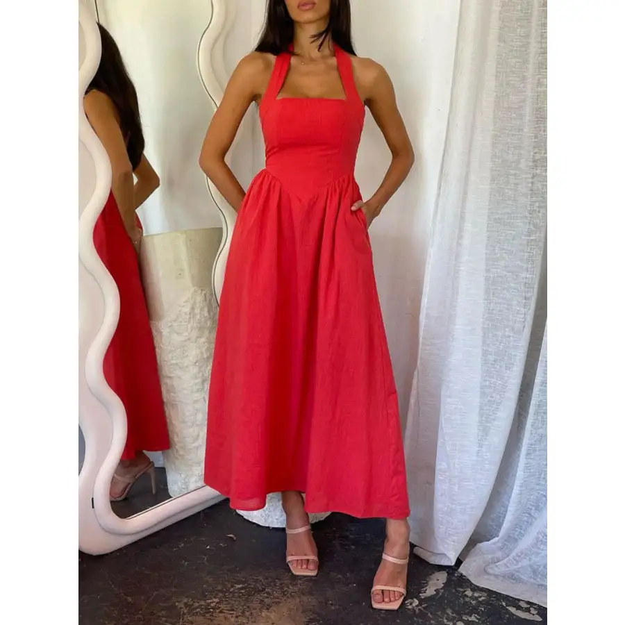 Ruched Halter Neck Midi Dress