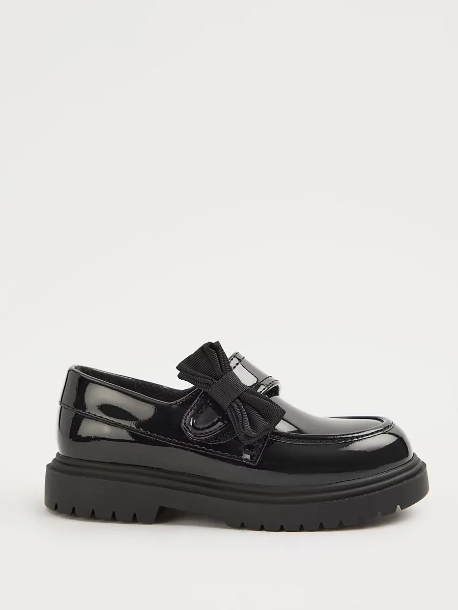 Black Patent Bow Strap Chunky Loafer School Shoes