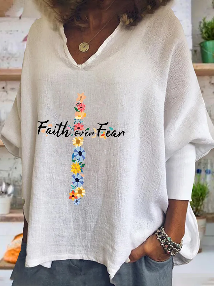 Floral And Letter Printed V-Neck Long-Sleeved T-Shirts
