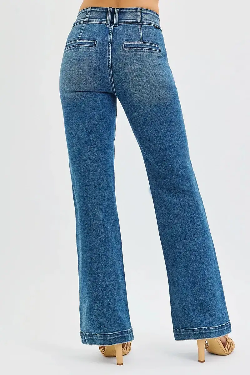 Washed High Waist Flare Leg Button Denim Jeans
