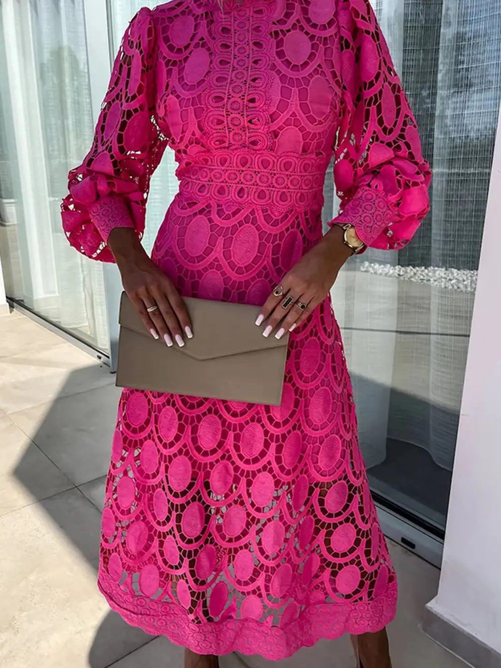 Boho Eyelet Mock-Neck Long-Sleeve Evening Maxi Dress