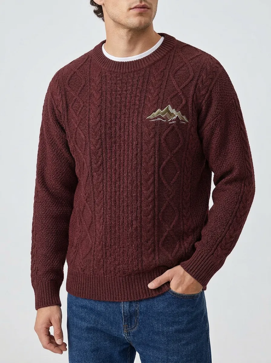 Men's Charcoal Grey Cable Knit Mountain Embroidered Sweater