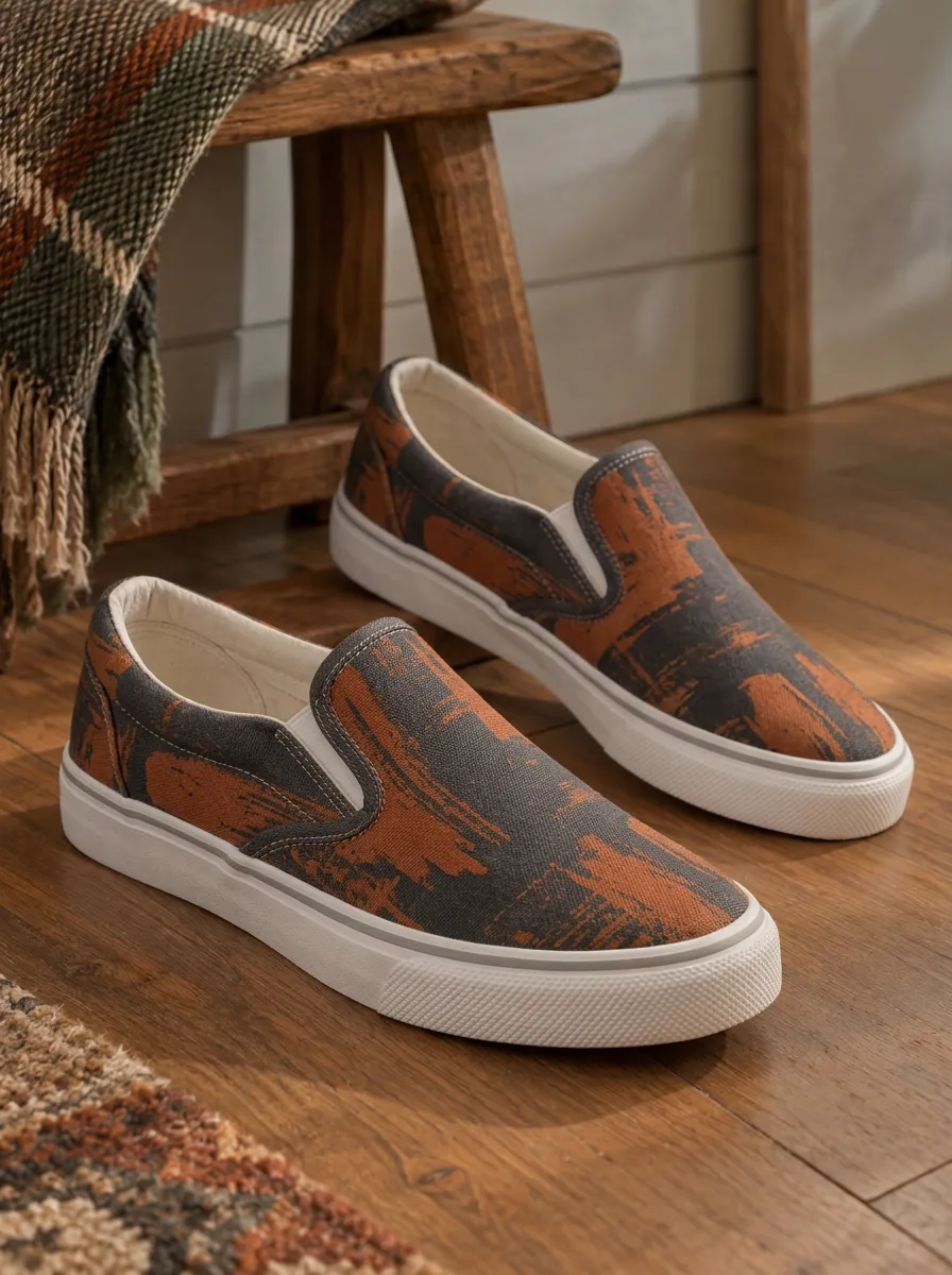 Men's Abstract Brushstroke Brown Grey Printed Canvas Shoes