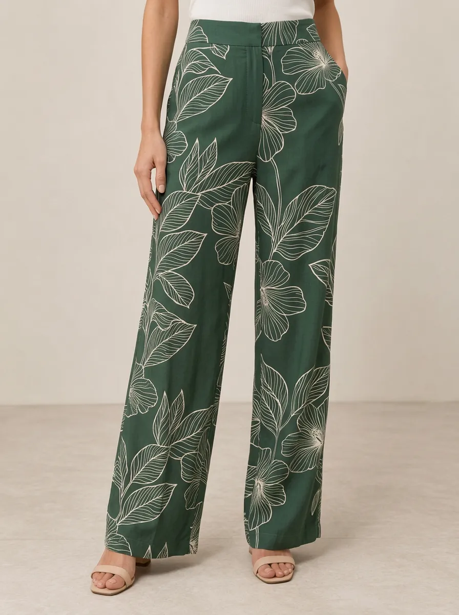 Women's Fine Pattern Botanical Floral Line Art Printed Pants