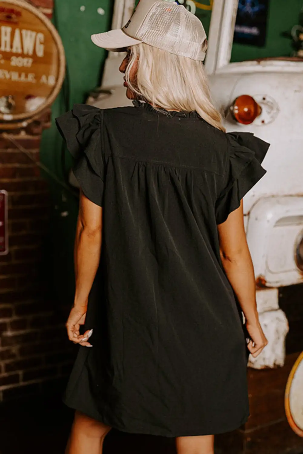 Ruffle Trim V-Neck Shift Mini Dress