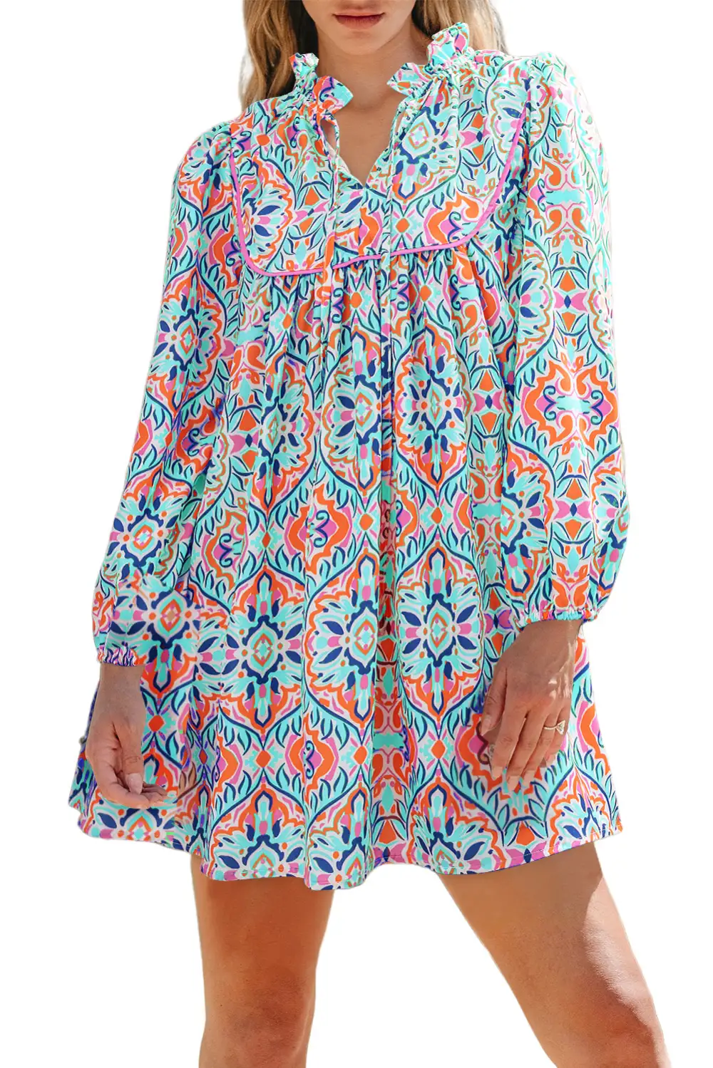 Abstract Long Sleeve Tied Neckline Mini Dress