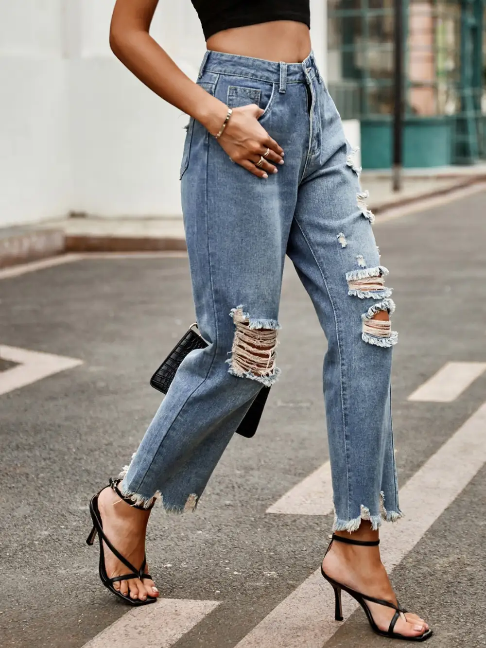 Distressed Raw Hem Pocket Denim Jeans