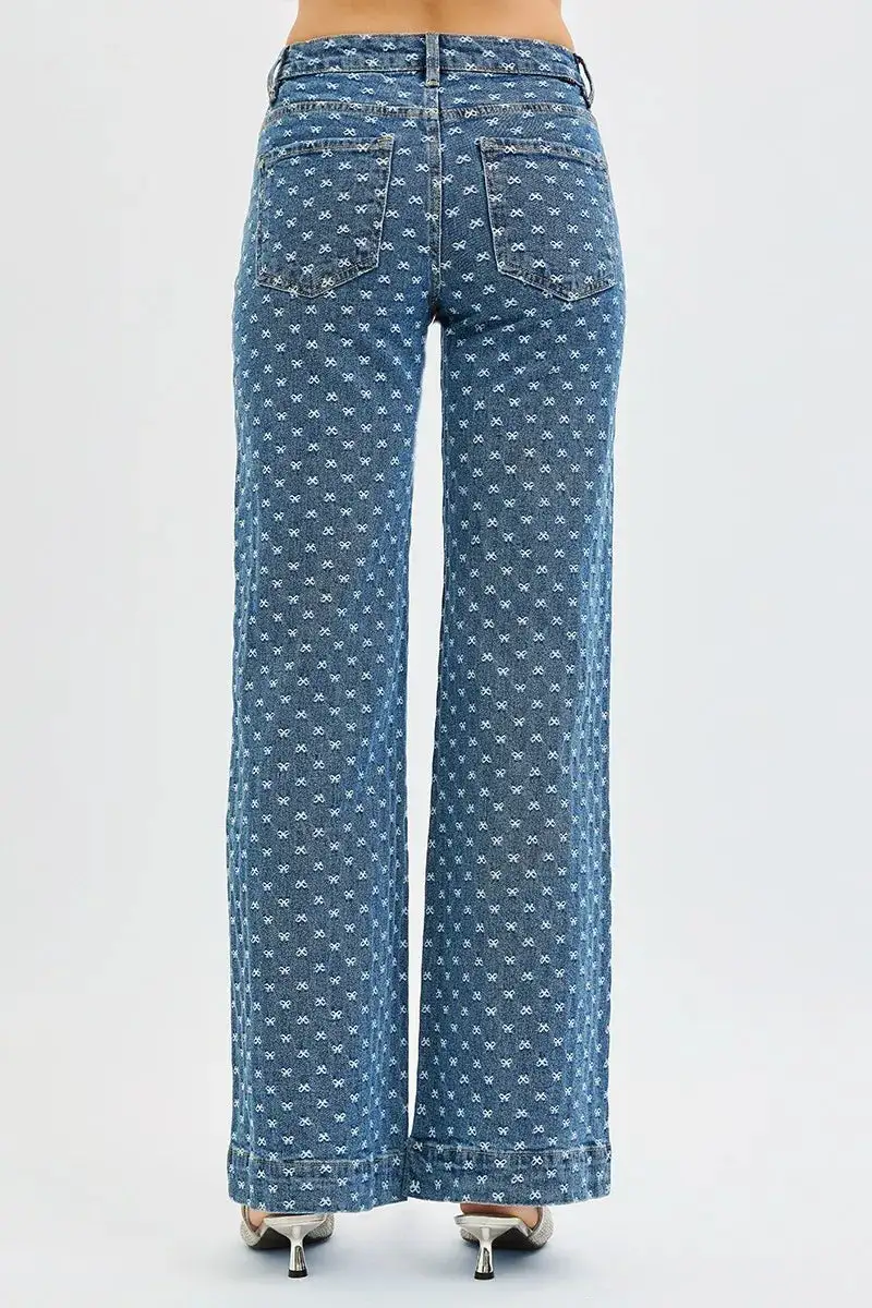 High Waist Wide Leg Embroidered Denim Jeans