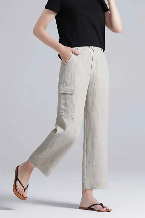 Statement Linen Cotton Wide Leg Elastic Waist Pocketed Trousers