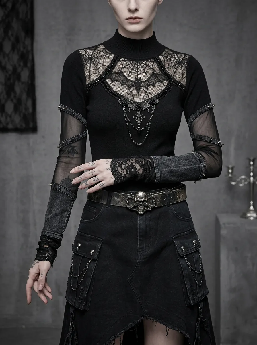 Women's Gothic Bat Web Lace Mesh Printed Top