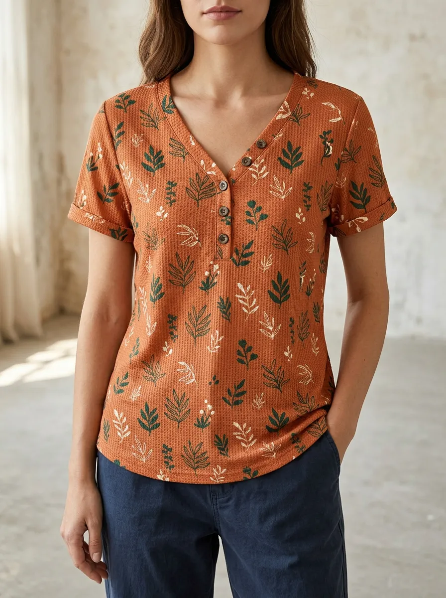 Women's Botanical Nature Lover Leaf Printed Button V-Neck T-Shirt