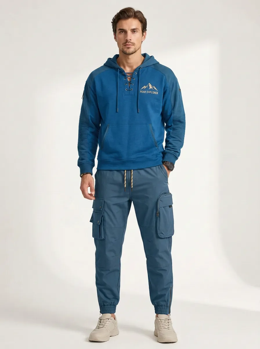 Daily Lace-Up Mountain Graphic Style Men's Lace Up Hoodie And Cargo Jogger Set