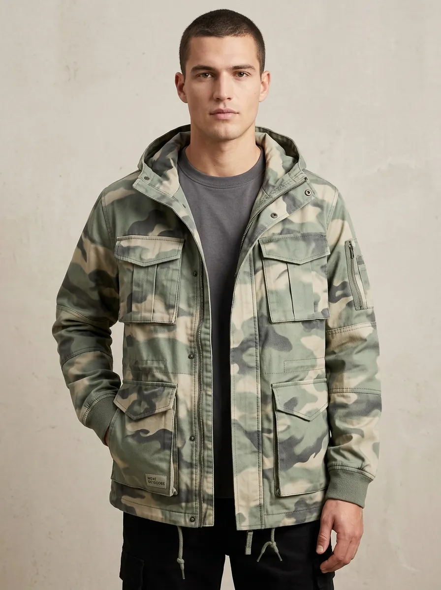 Men's Camo Utility Field Jacket with Snap Detail