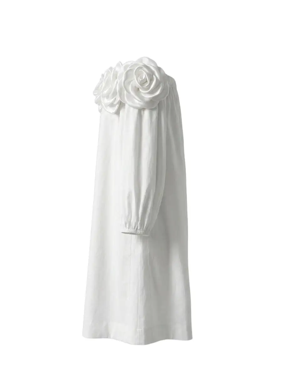 Half Sleeve Relaxed Pocket Solid Color Three Dimensional Flower Off The