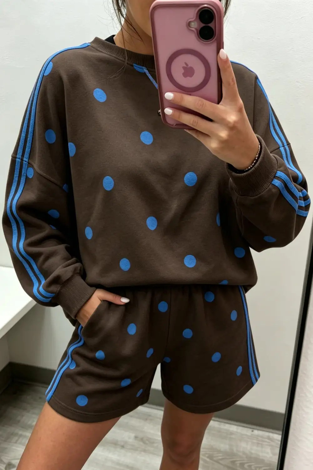 Women's Polka Dot Print Varsity Striped Detail Long Sleeve Top Short Set