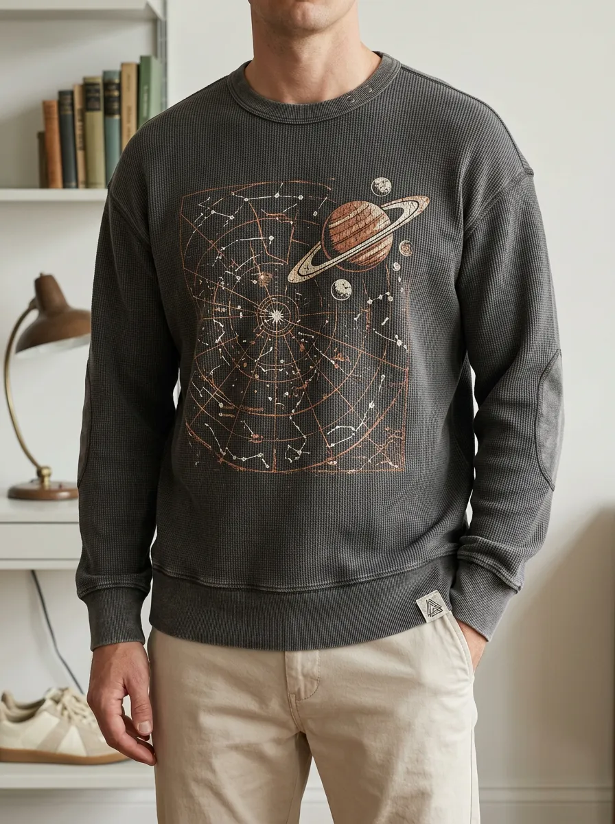 Men's Astronomy Lover Saturn Constellation Map Printed Waffle Sweatshirt