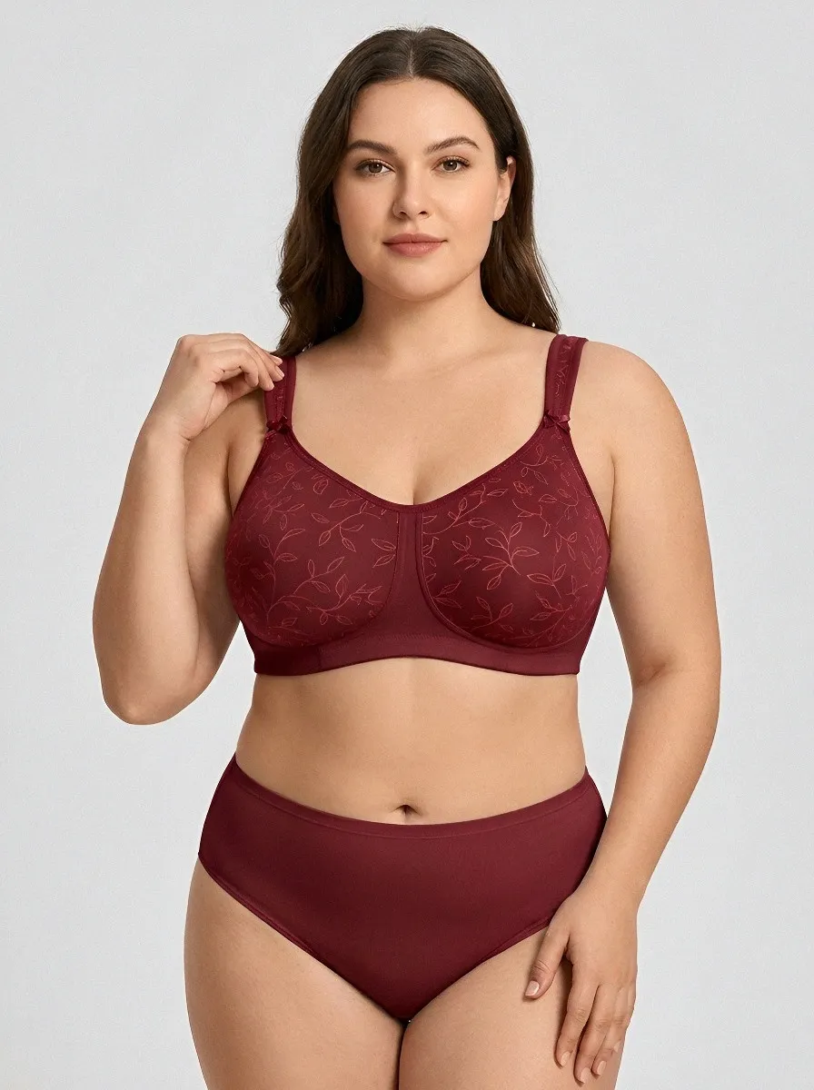 Women's Plus Size Light Grey Leaf Full-Coverage Wide-Strap Wireless Bra