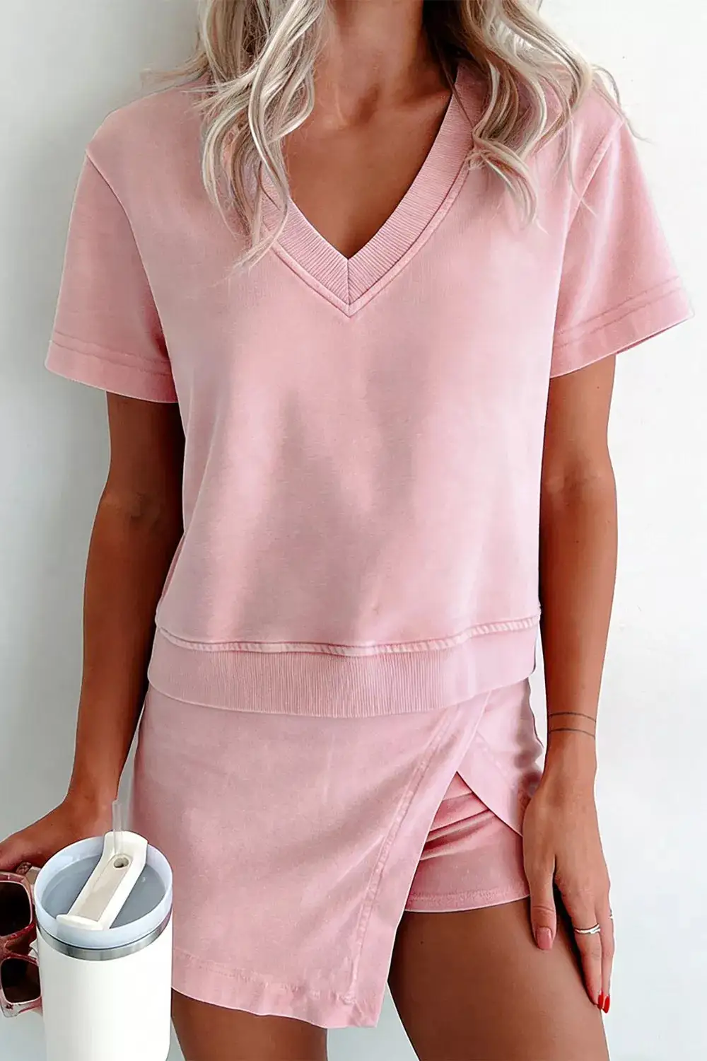 Casual V Neck Top and Wrap Skort Set