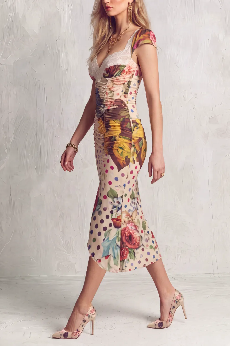 Classic Ruched Lace Floral Midi Dress