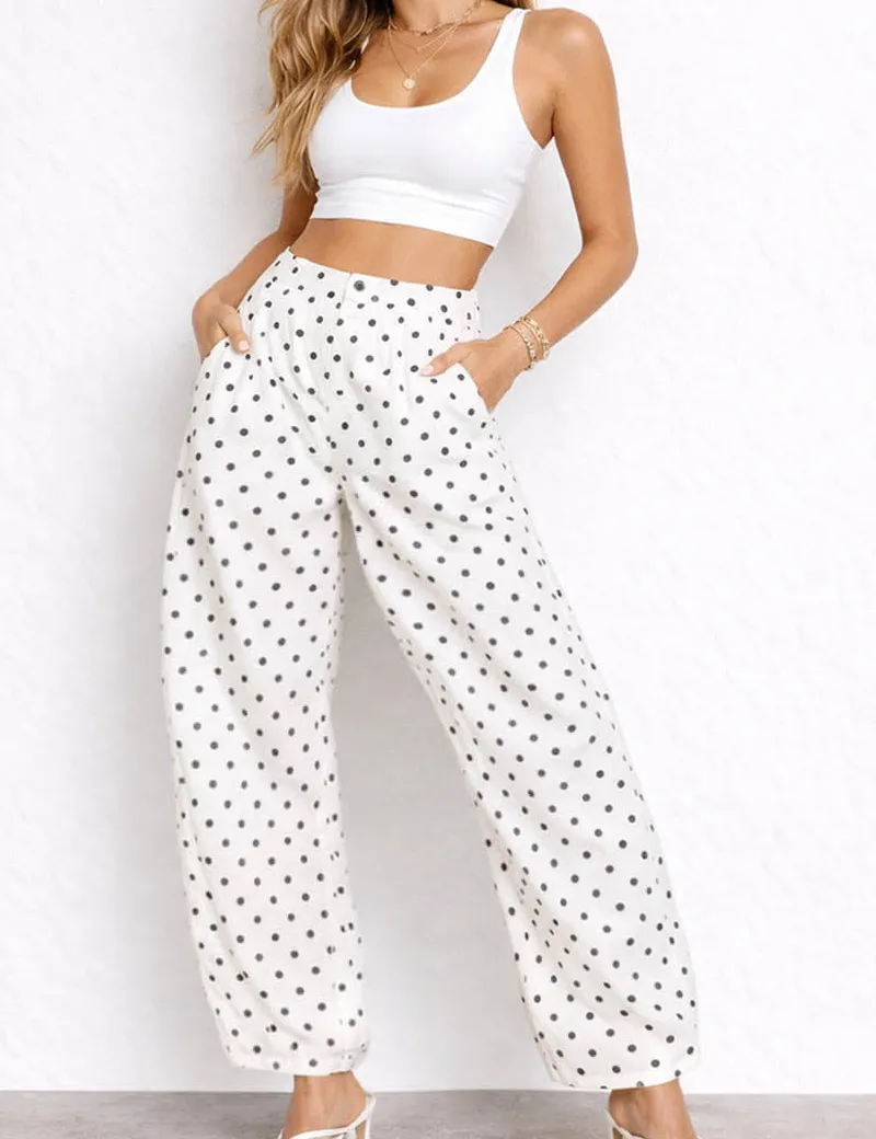 Chic Polka Dot Color Block Barrel Leg Denim Pants