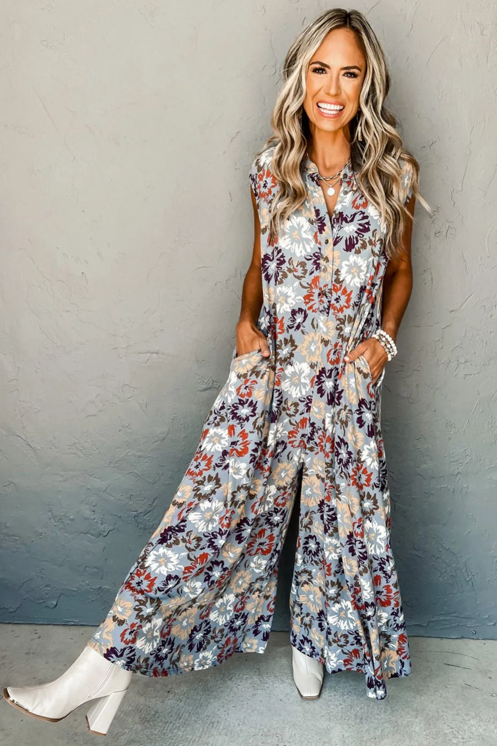 Bohemian Wide Leg Floral Print Jumpsuit