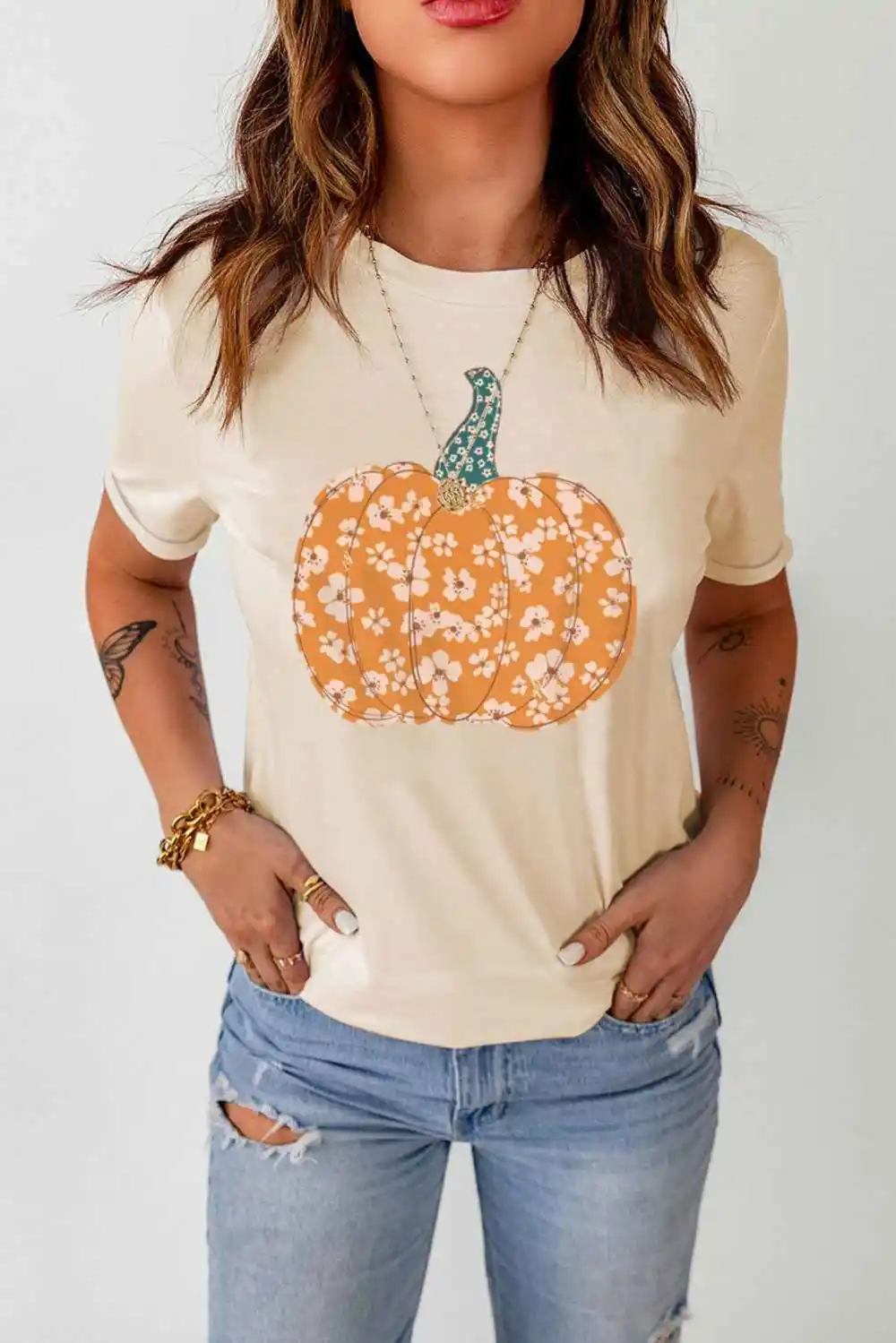 Graphic Round Neck Cuffed T-Shirt