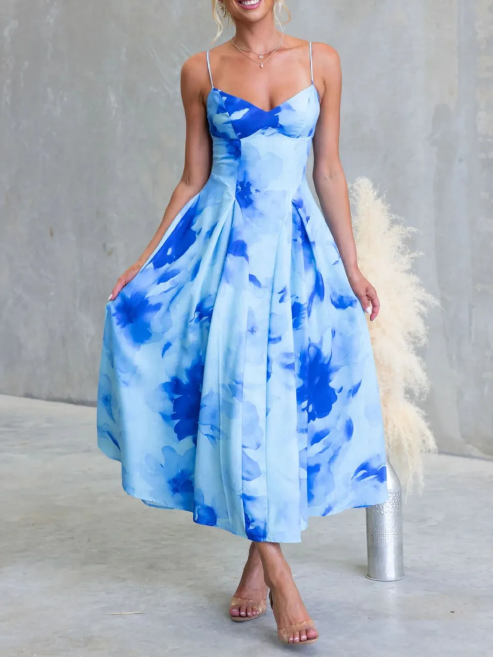 Simple Print Spaghetti Strap Midi Dress