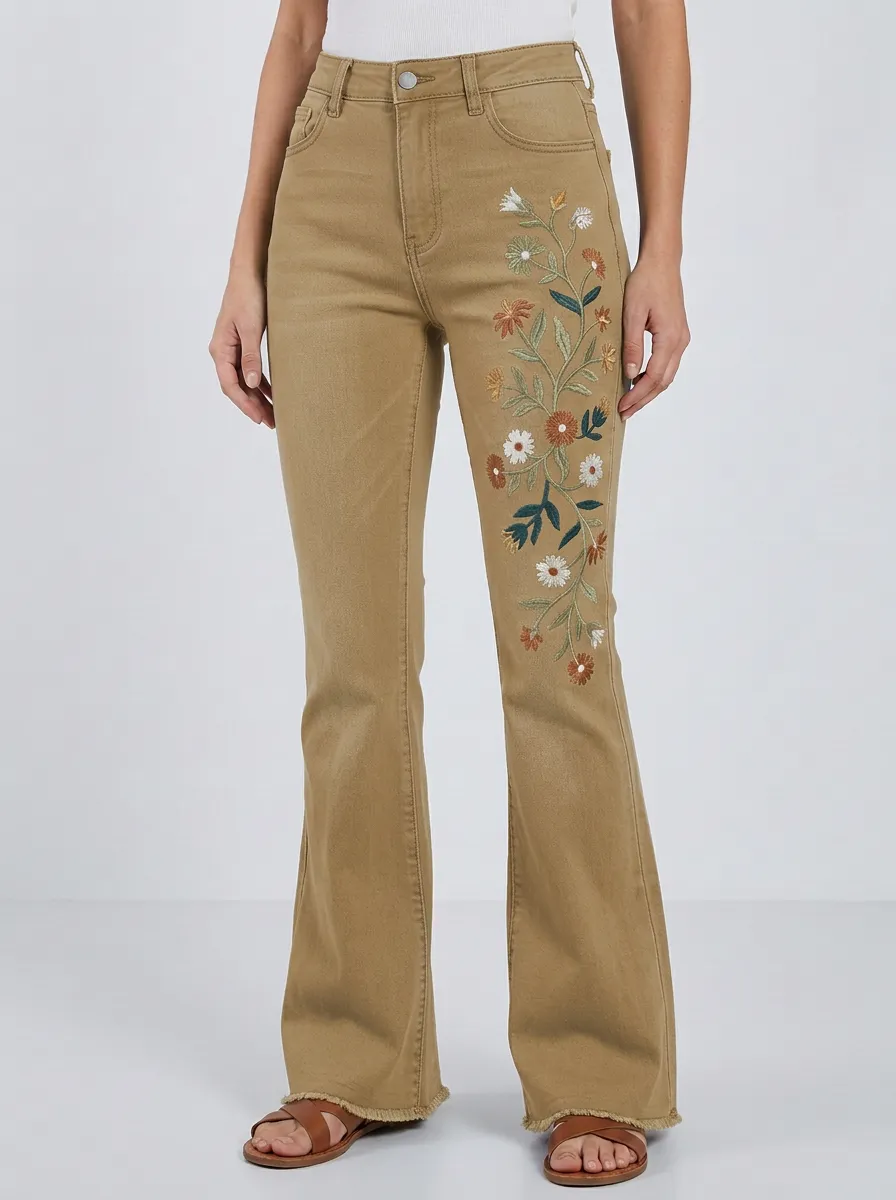Women's Floral Lover Daisy Vine Embroidered Printed Flare Jeans