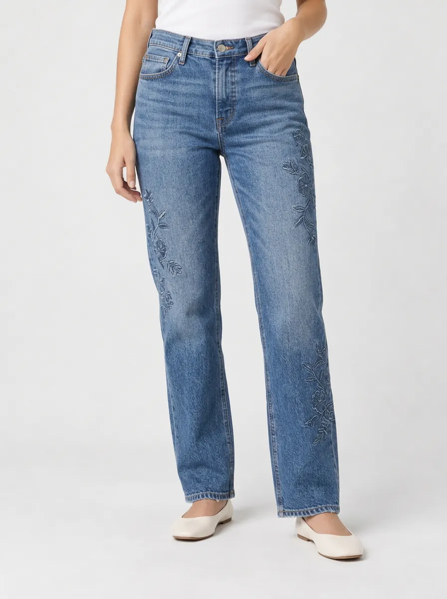 Relaxed Straight Leg Mid Rise Denim Jeans