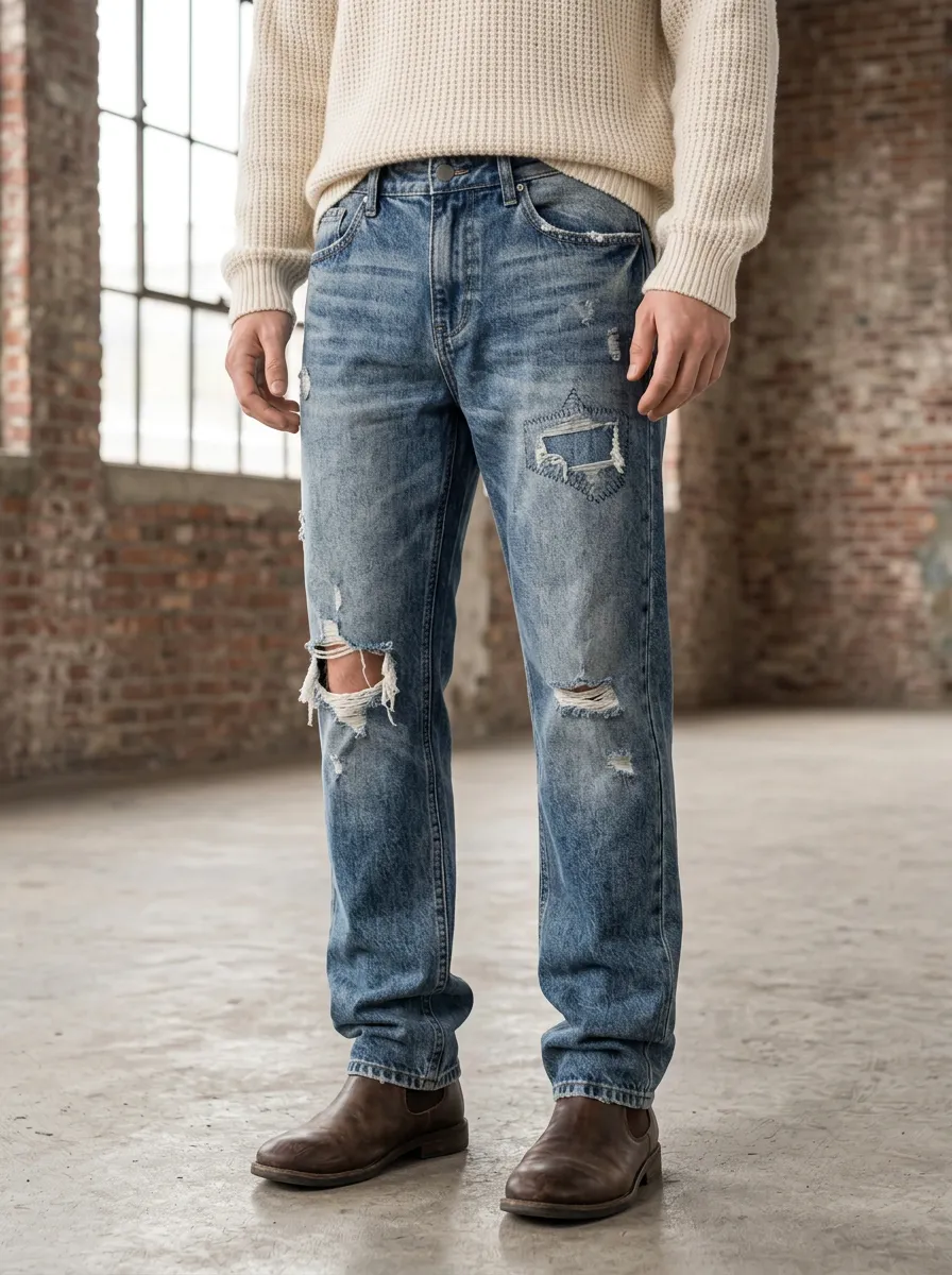 Men's Distressed Patchwork Star Washed Denim Jeans