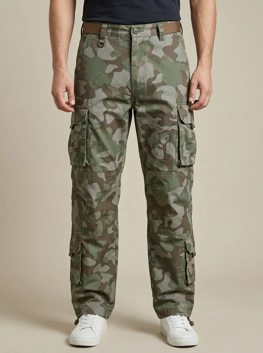 Men's Lower-Leg-Pocket Camo Adjustable-Hem Cargo Pants