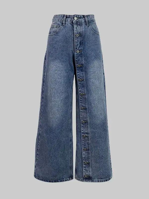 High Waist Relaxed Fit Wide Leg Button Detail Pocket Jeans