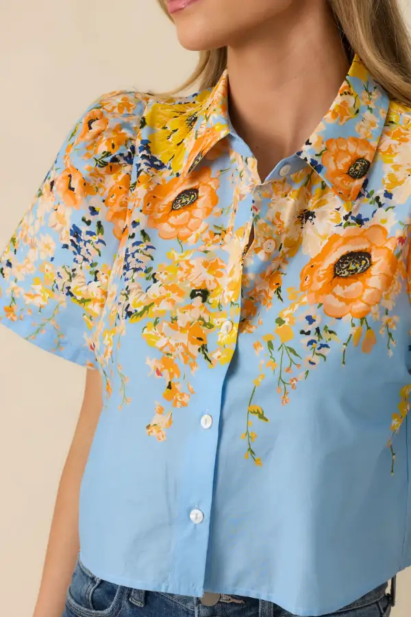 Button-Up Button-Down Short-Sleeve Cropped Top