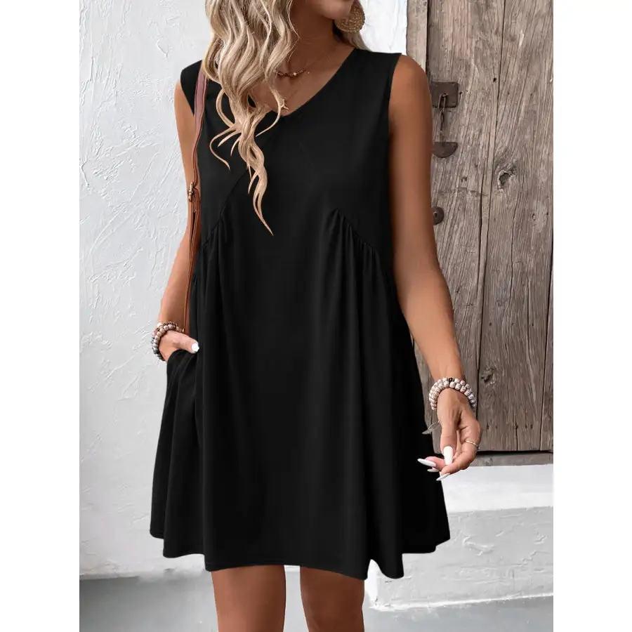 Ruched V-Neck Sleeveless Mini Dress
