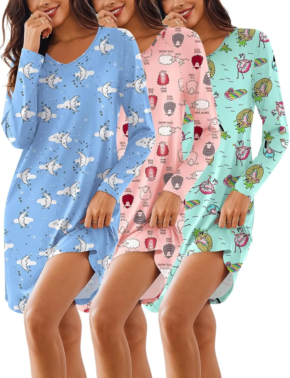 Ekouaer 3 Pack Long Sleeve Nightgowns for Women Casual Sleepwear Nightshirt