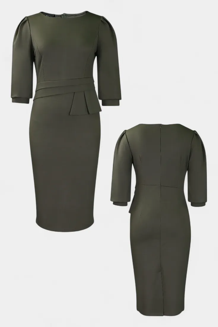 Fitted Puff-Sleeve Midi Dress