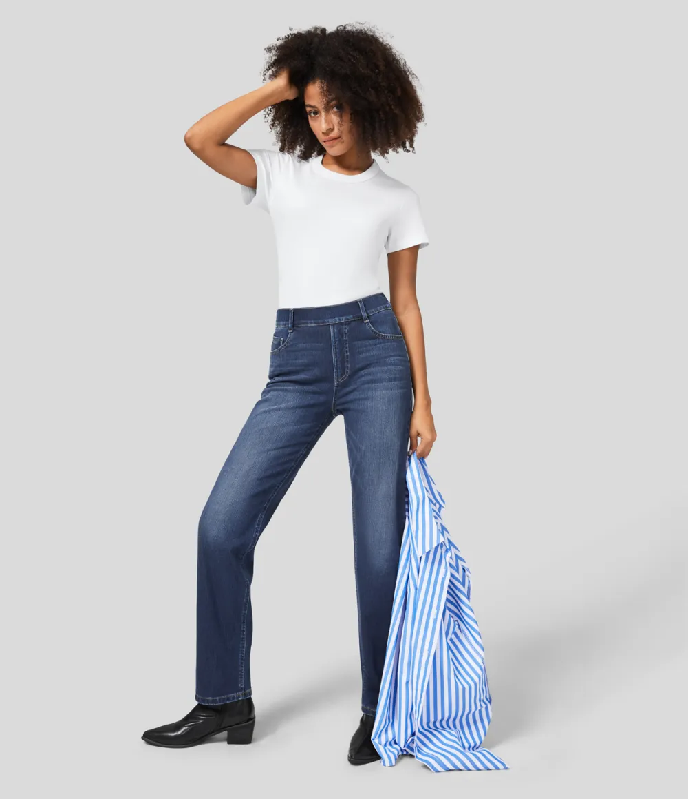 Magic High Waisted Multiple Pockets Straight Leg Washed Stretchy Knit Casual Jeans