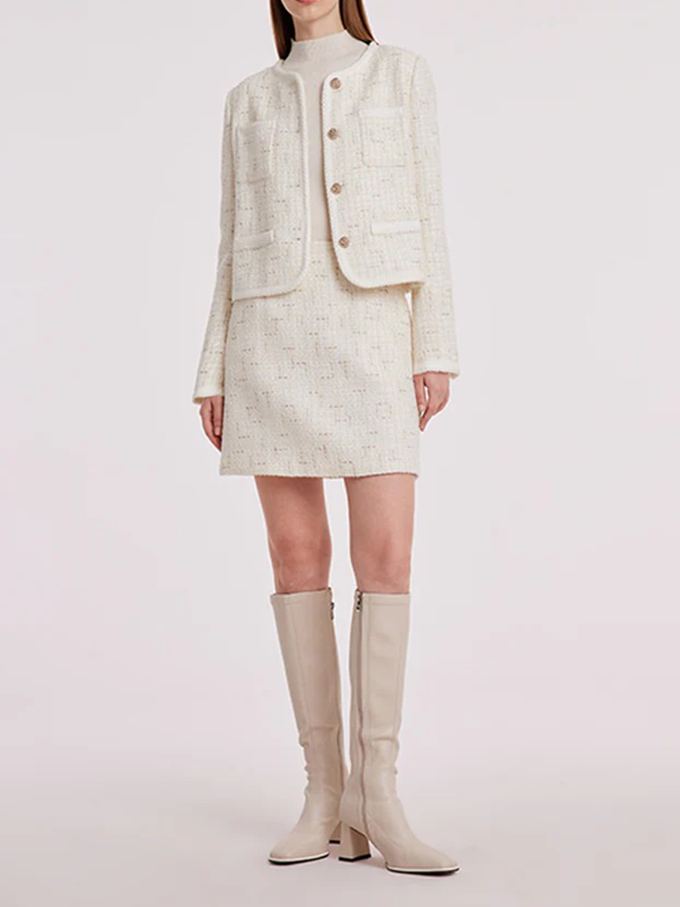 White Knitted Tweed Crop Jacket