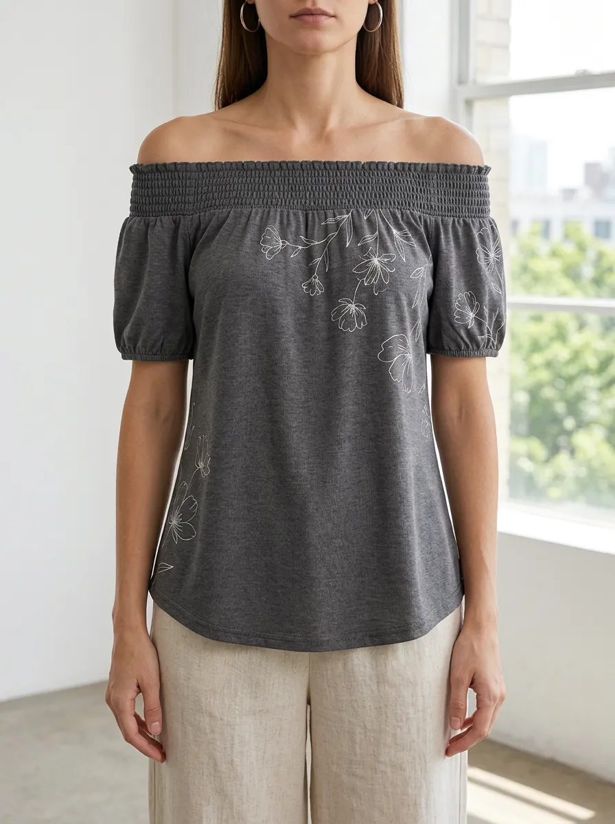 Women's Modern Floral Line Art Printed Off-Shoulder Slim Fit Off-Shoulder Top